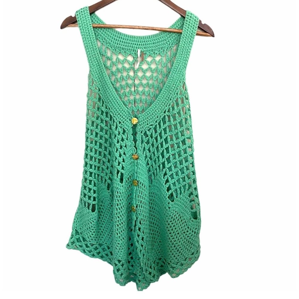 Free People Green Crochet Bohemian Button Vest